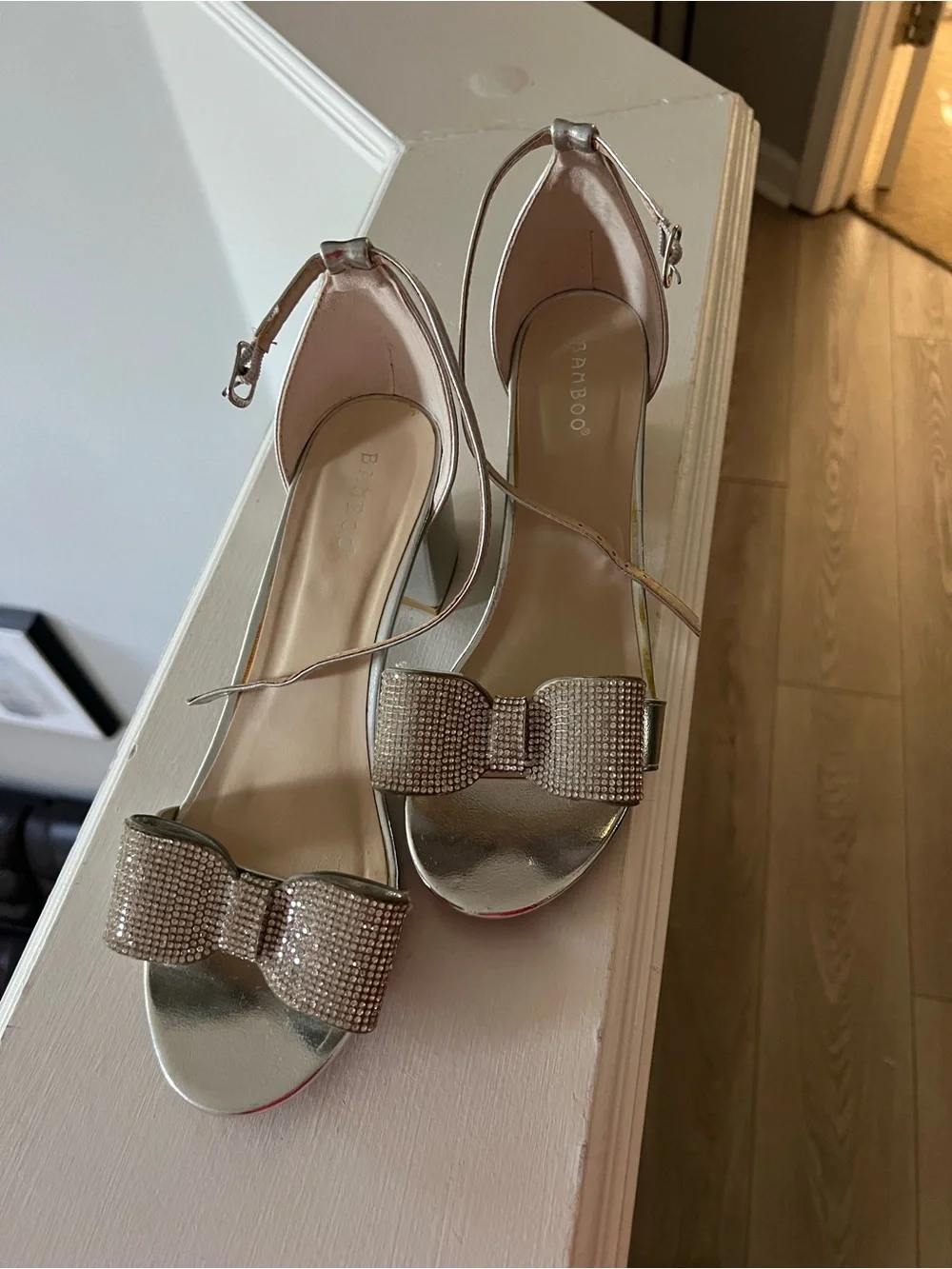Sparkling Silver Bow Block-Heel Sandals with Ankle Strap